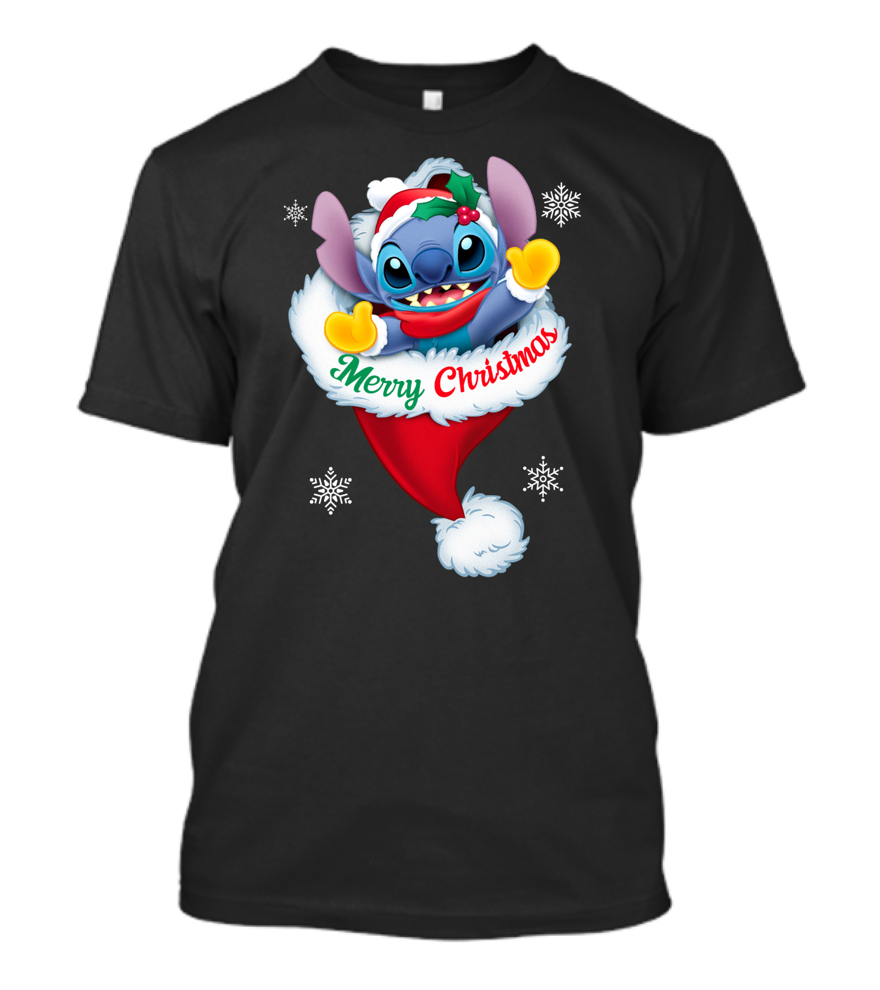 Merry Christmas Stitch Santa Hat Snowflakes T-Shirt