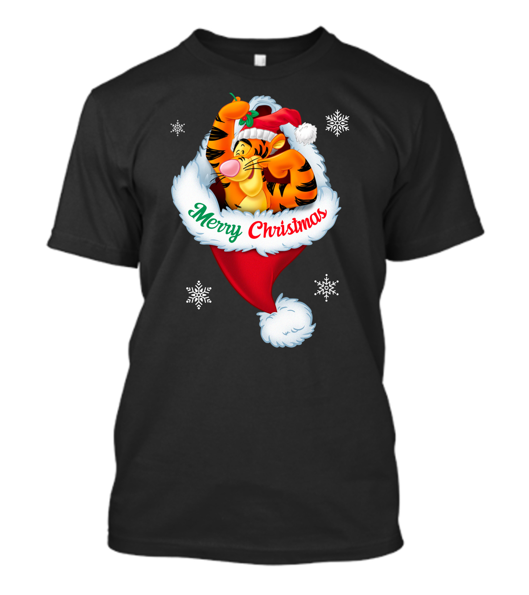 Merry Christmas Tigger Santa Hat Snowflakes T-Shirt