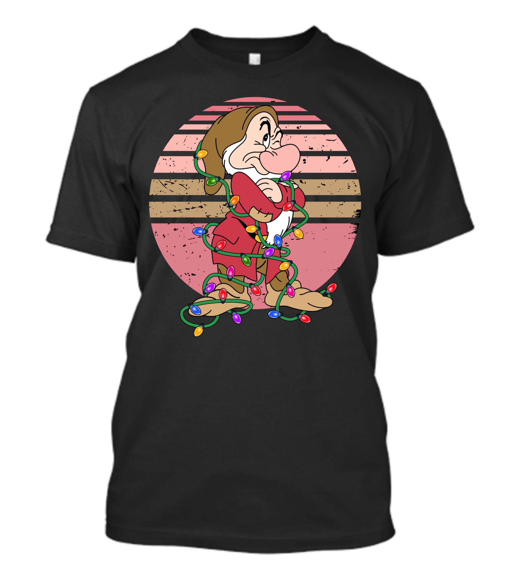 Grumpy Dwarf Wrapped In Christmas Lights Retro Sunset Style T-Shirt