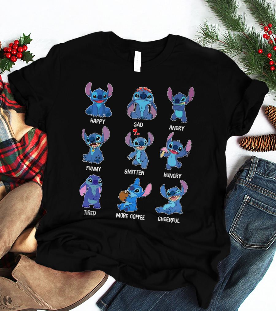 STITCH MOODS HAPPY SAD ANGRY FUNNY SMITTEN HUNGRY TIRED MORE COFFEE CHEERFUL T-Shirt