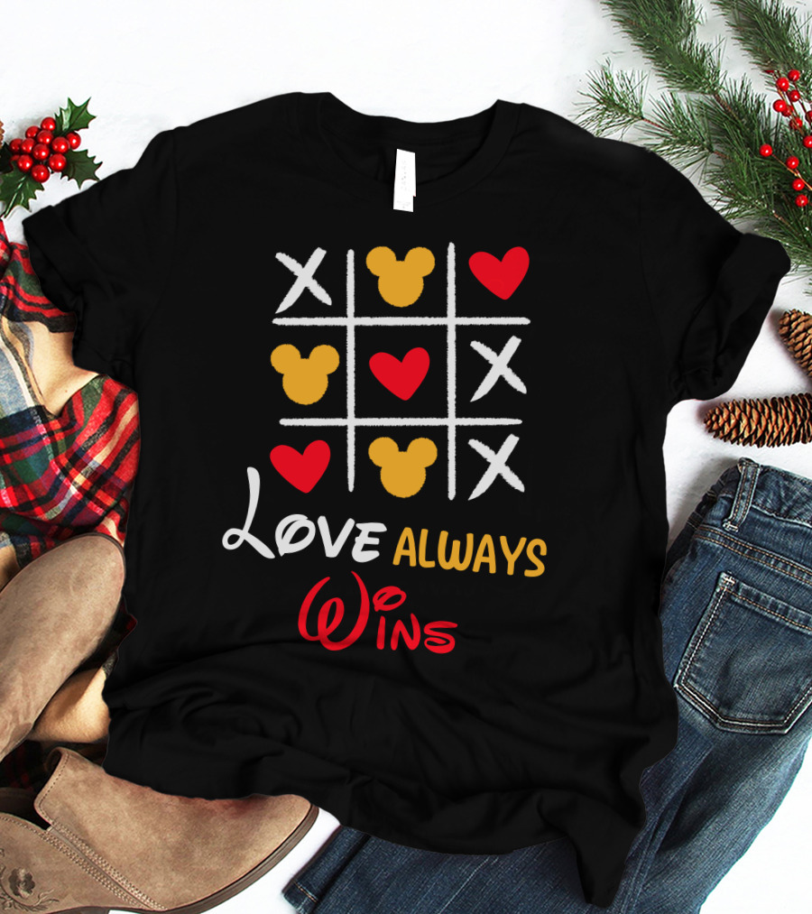LOVE ALWAYS WINS Tic Tac Toe Hearts Mickey Ears T-Shirt
