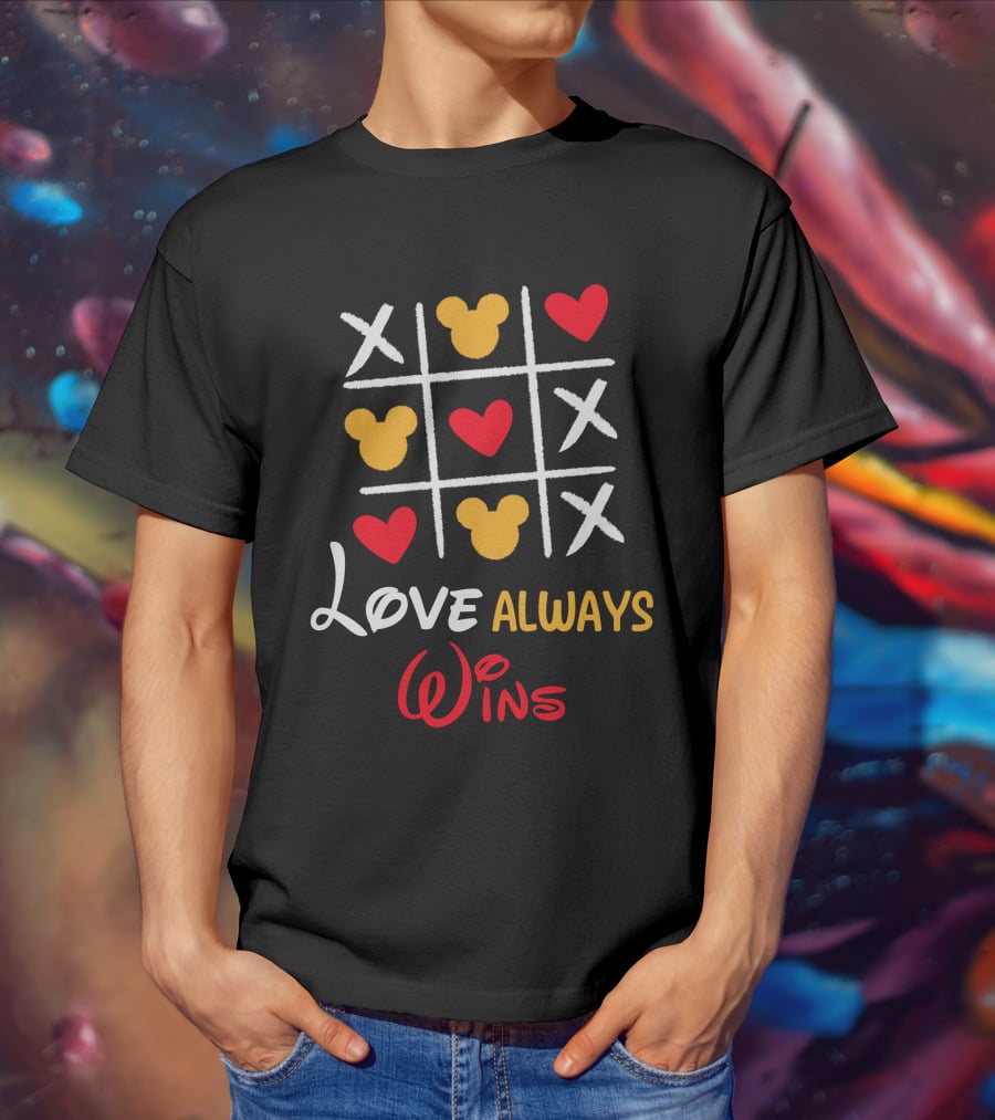 LOVE ALWAYS WINS Tic Tac Toe Hearts Mickey Ears T-Shirt