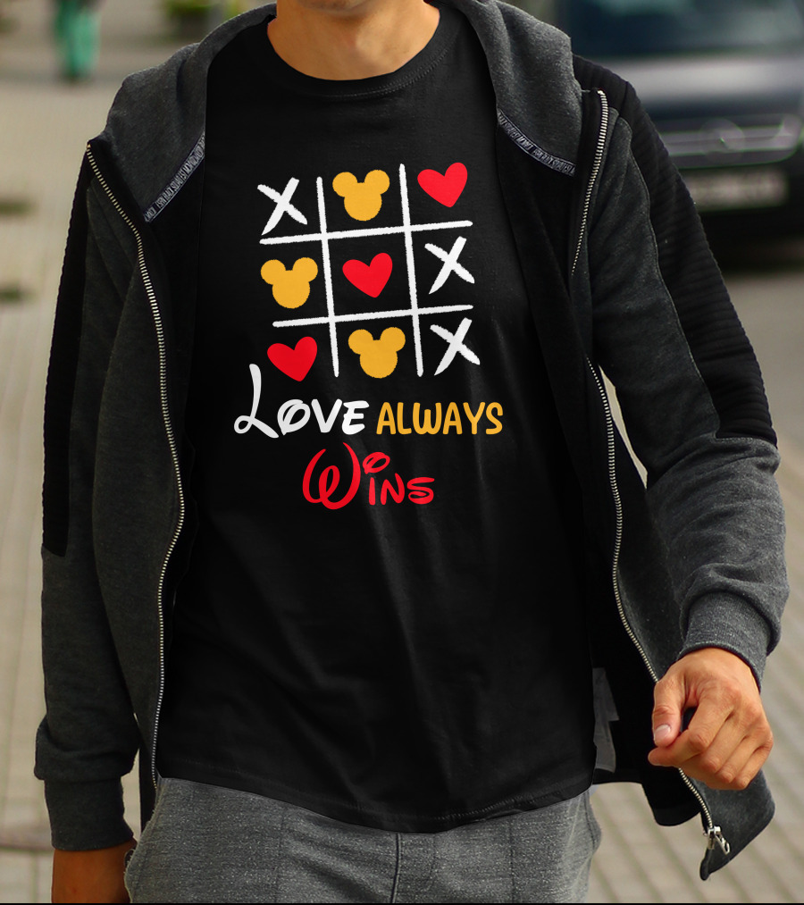 LOVE ALWAYS WINS Tic Tac Toe Hearts Mickey Ears T-Shirt