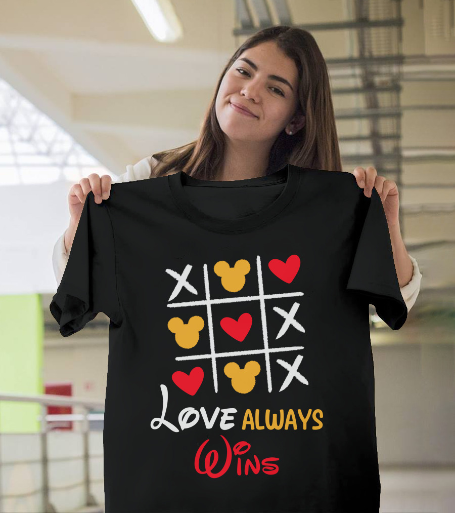 LOVE ALWAYS WINS Tic Tac Toe Hearts Mickey Ears T-Shirt
