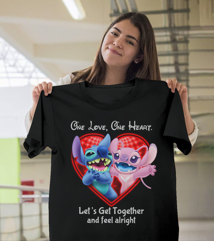 One Love One Heart Let's Get Together And Feel Alright Stitch & Angel Love T-Shirt