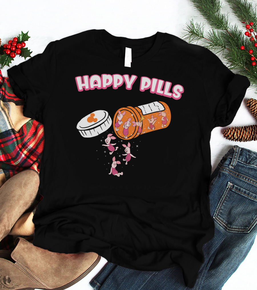 HAPPY PILLS Piglet Characters In Prescription Bottle T-Shirt