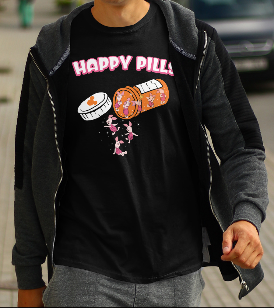 HAPPY PILLS Piglet Characters In Prescription Bottle T-Shirt