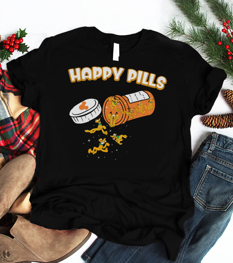 HAPPY PILLS Pluto Characters In Orange Pill Bottle T-Shirt