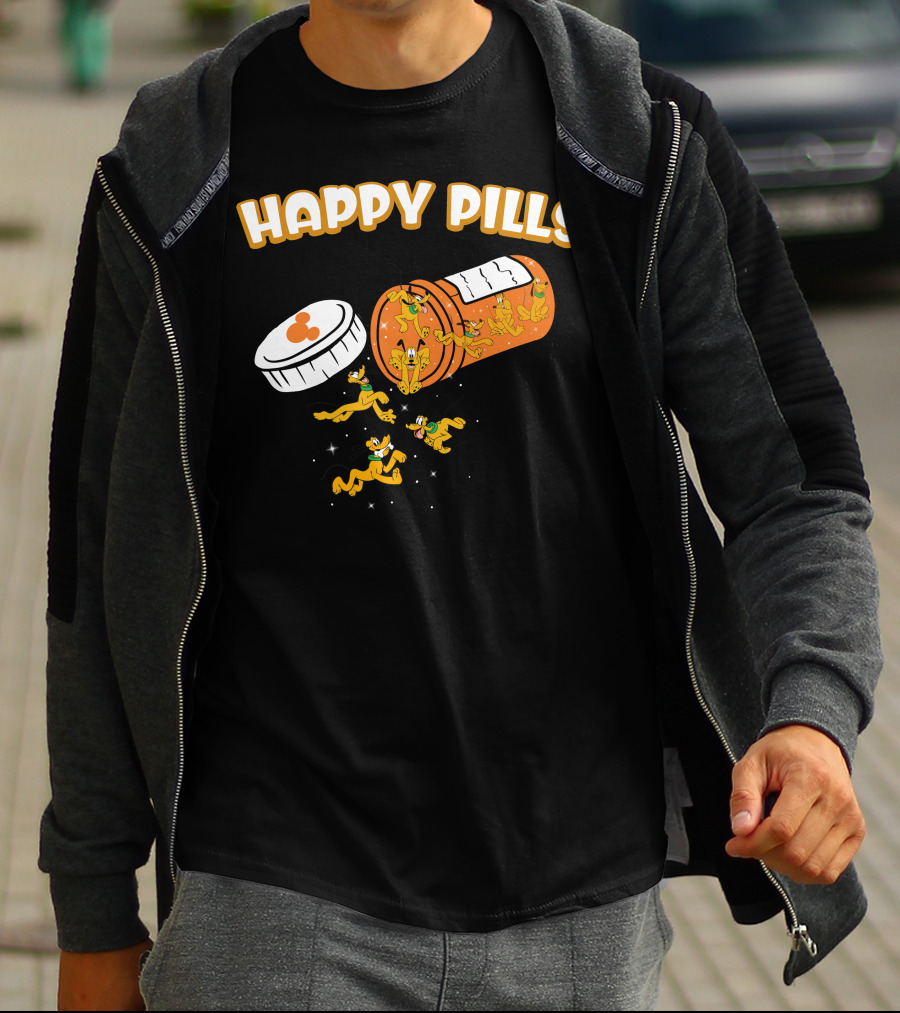 HAPPY PILLS Pluto Characters In Orange Pill Bottle T-Shirt