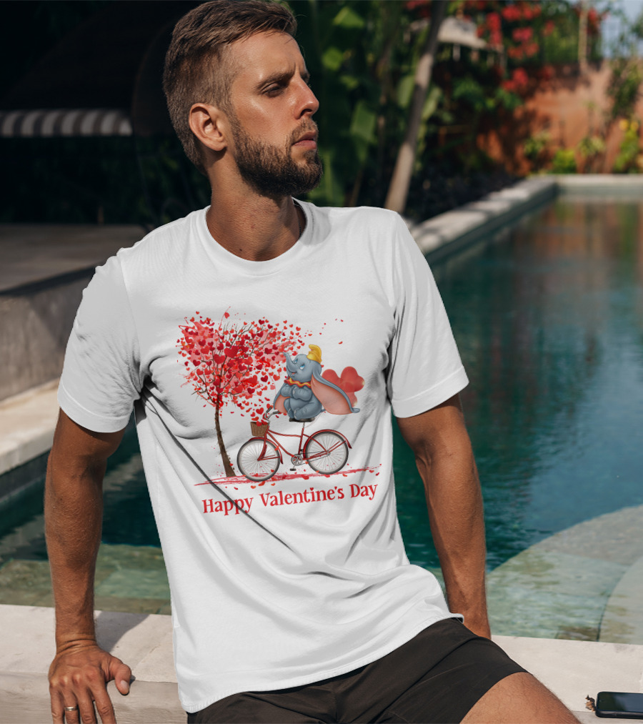 Happy Valentine's Day Dumbo With Hearts Bicycle T-Shirt