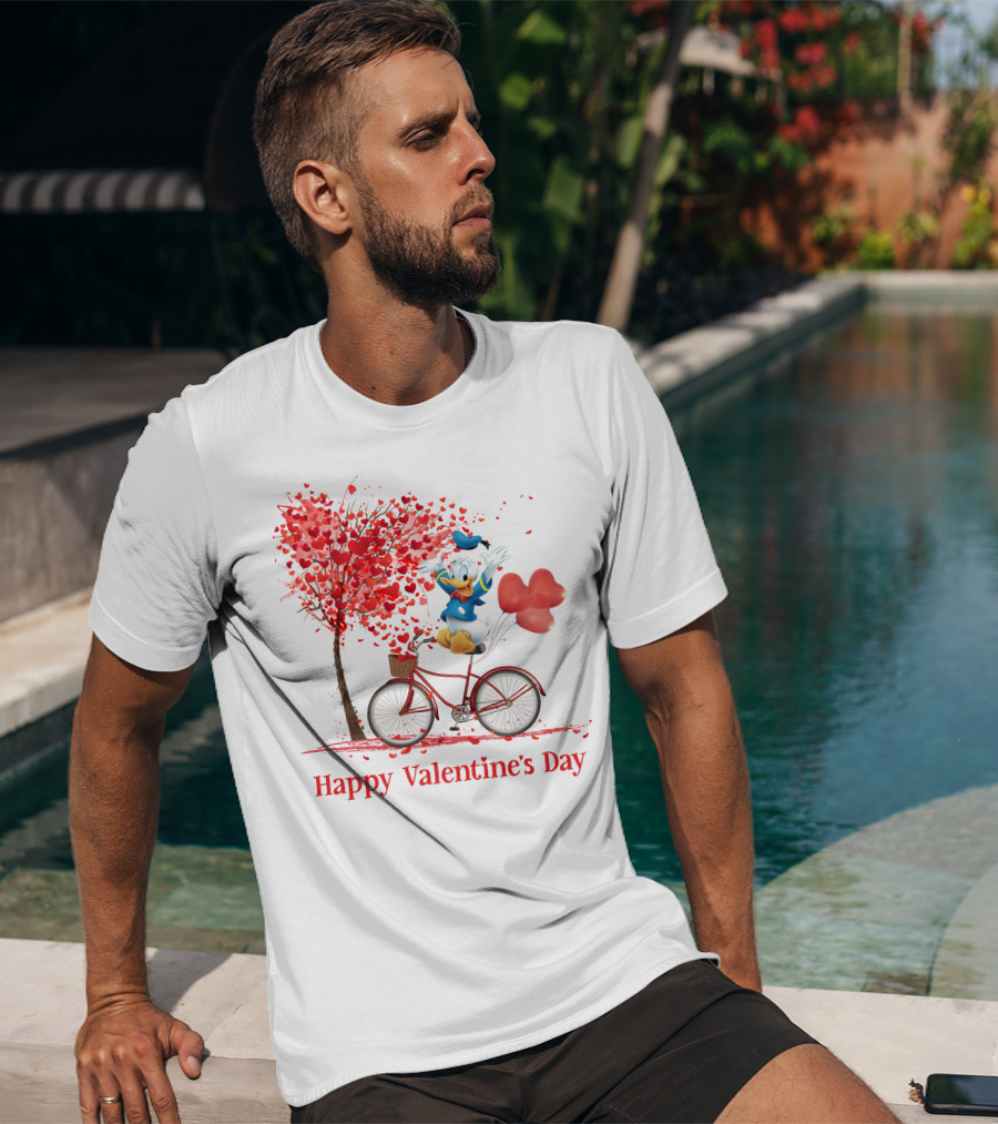 DN Valentine Happy Valentine's Day Donald Duck Bicycle Balloon Tree T-Shirt