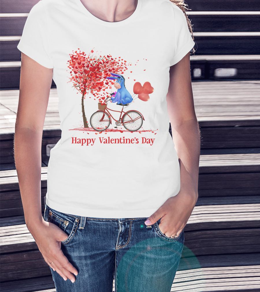 Happy Valentine's Day Eeyore On Bicycle With Heart Balloons And Tree Of Hearts T-Shirt