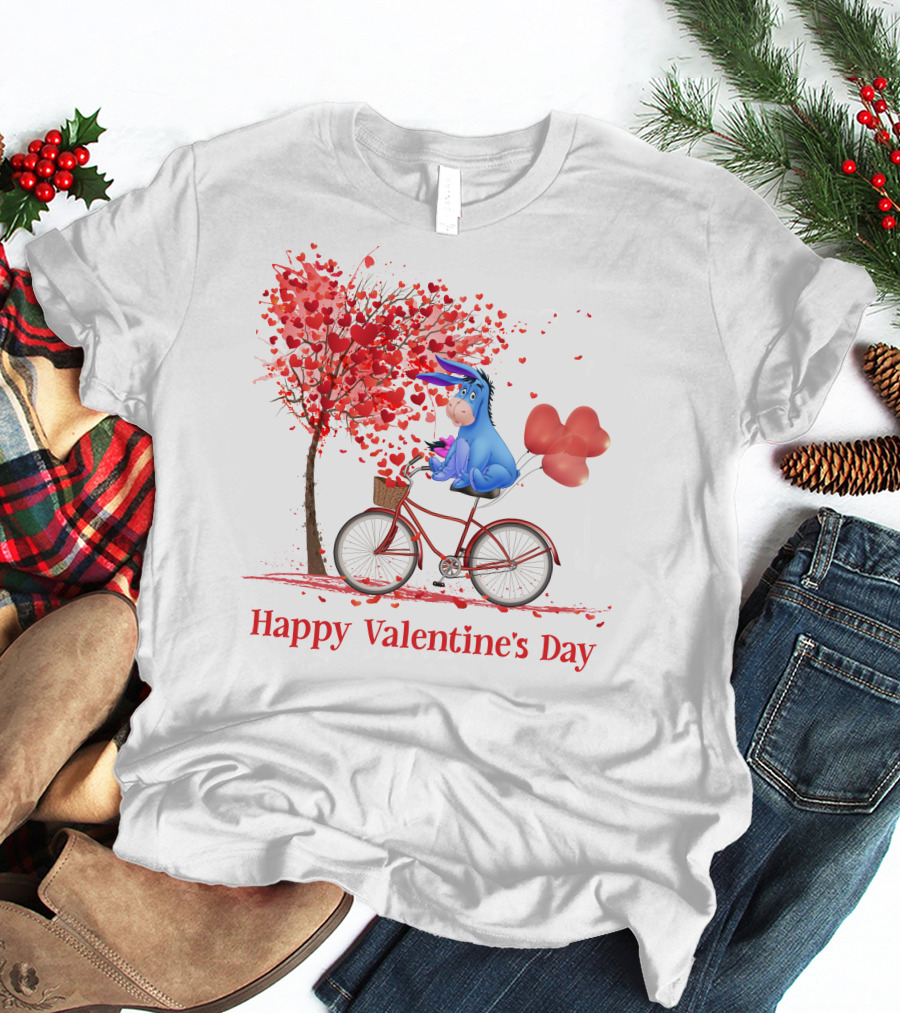 Happy Valentine's Day Eeyore On Bicycle With Heart Balloons And Tree Of Hearts T-Shirt