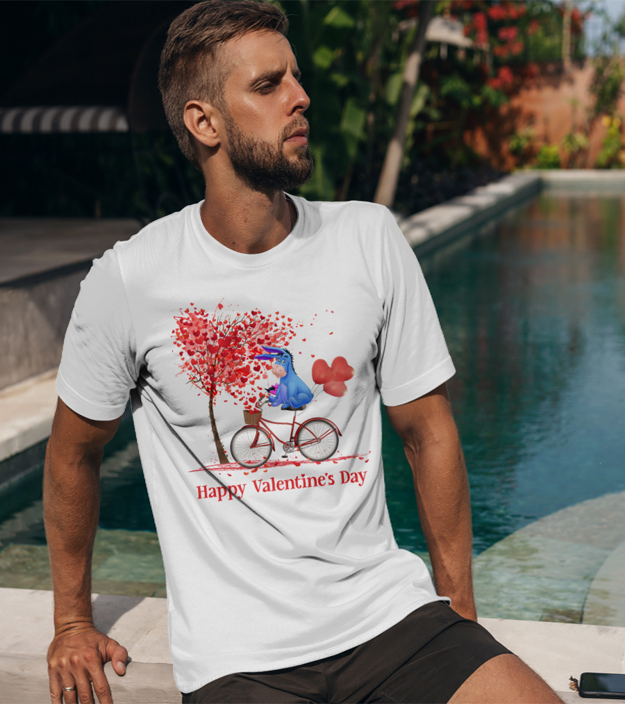 Happy Valentine's Day Eeyore On Bicycle With Heart Balloons And Tree Of Hearts T-Shirt