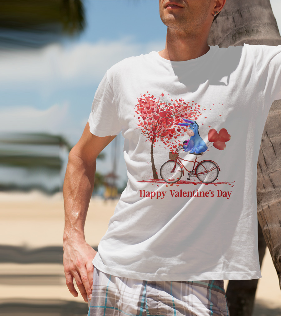 Happy Valentine's Day Eeyore On Bicycle With Heart Balloons And Tree Of Hearts T-Shirt