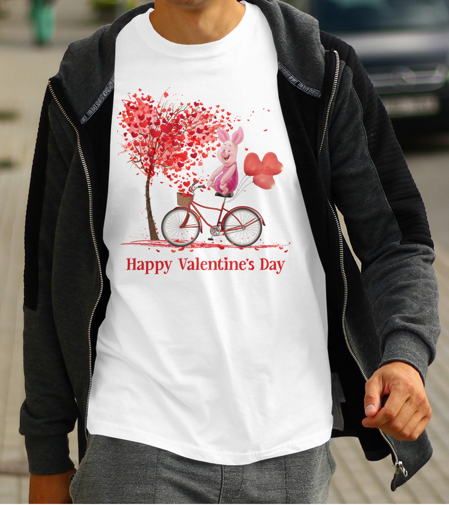 Happy Valentine's Day Piglet With Heart Balloons On Bicycle T-Shirt
