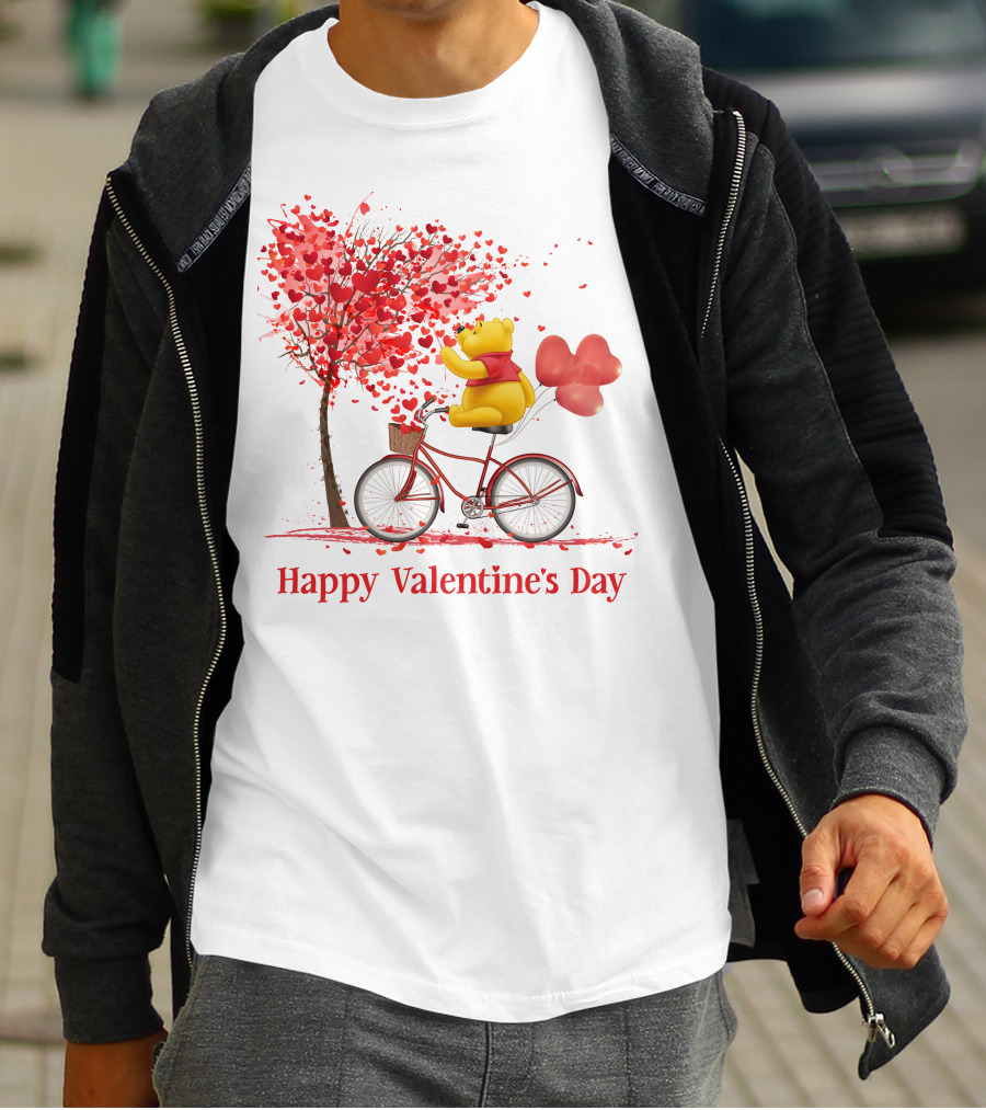 Happy Valentine's Day Bicycle Bear With Love Balloons And Heart Tree T-Shirt