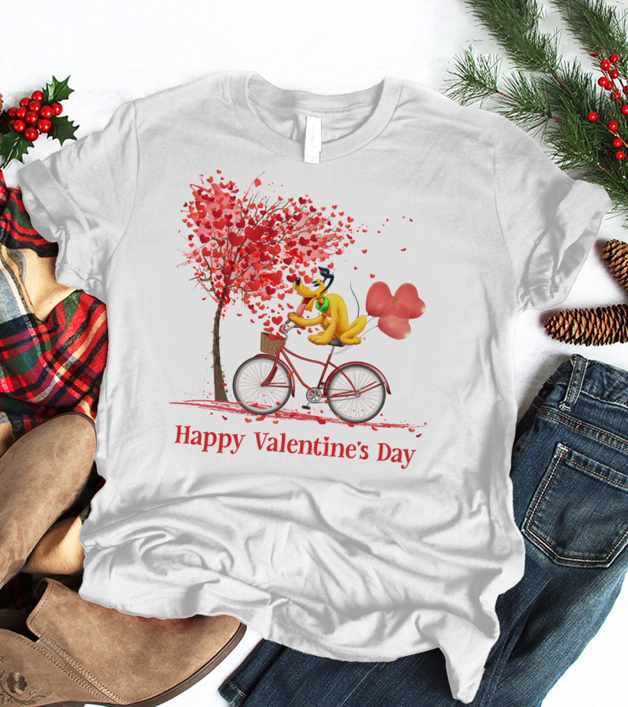 Happy Valentine's Day Bicycle With Hearts And Tree T-Shirt
