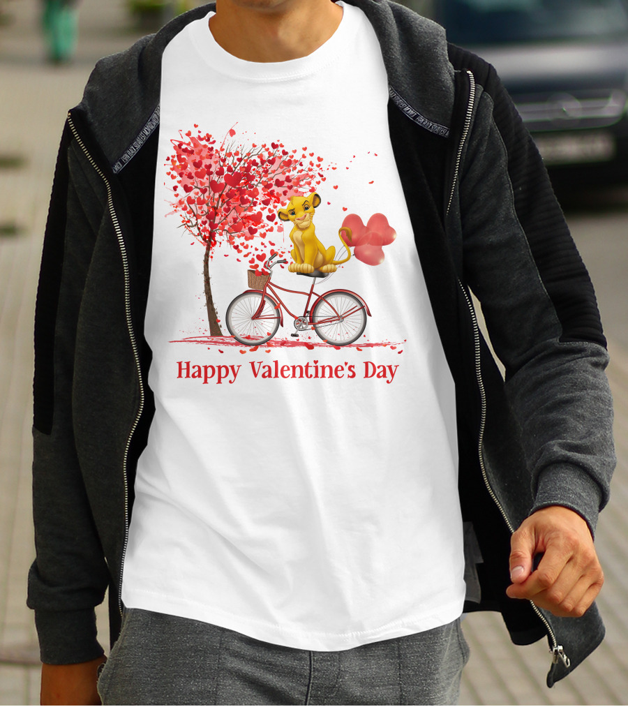 Happy Valentine's Day Cute Cartoon Character On Red Bicycle With Heart Balloons And Tree T-Shirt