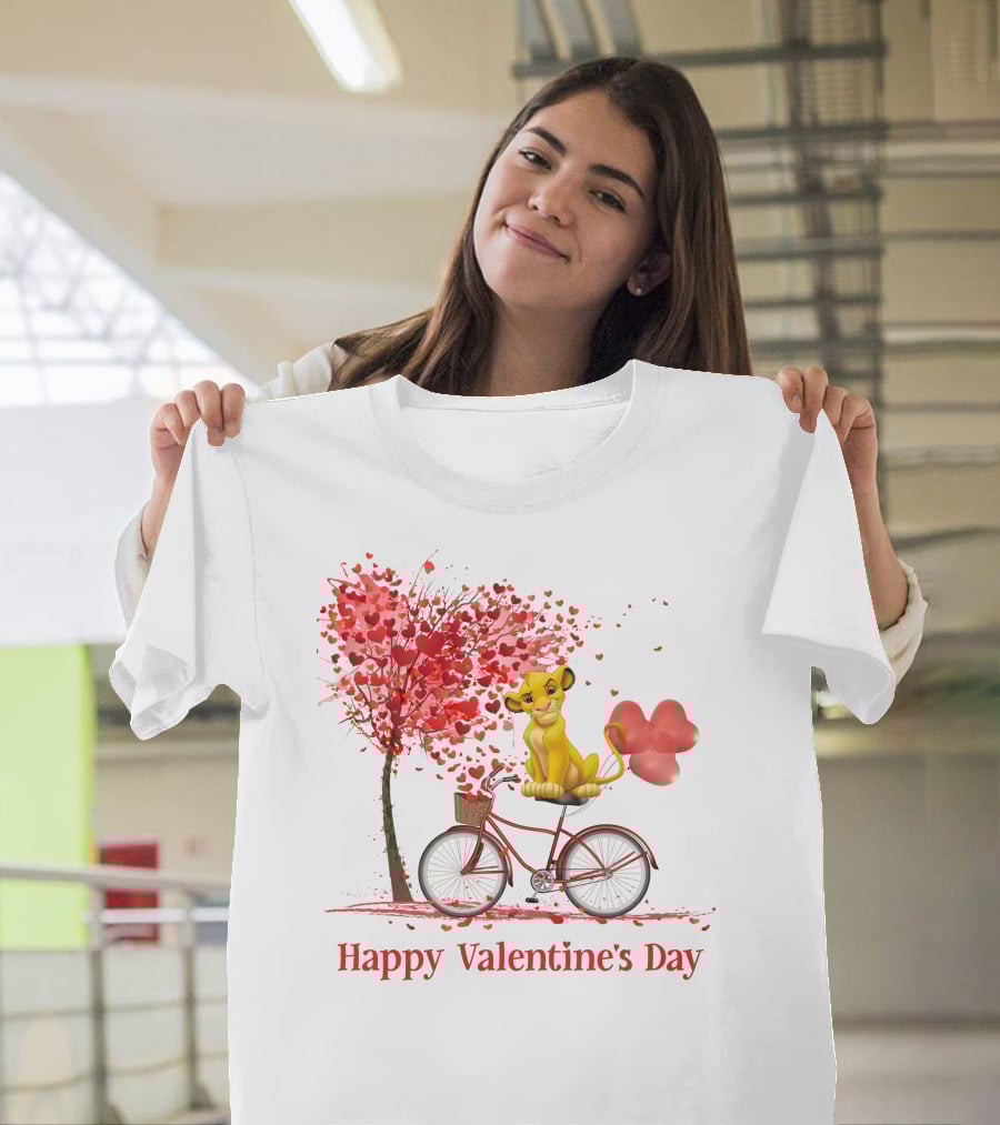 Happy Valentine's Day Cute Cartoon Character On Red Bicycle With Heart Balloons And Tree T-Shirt