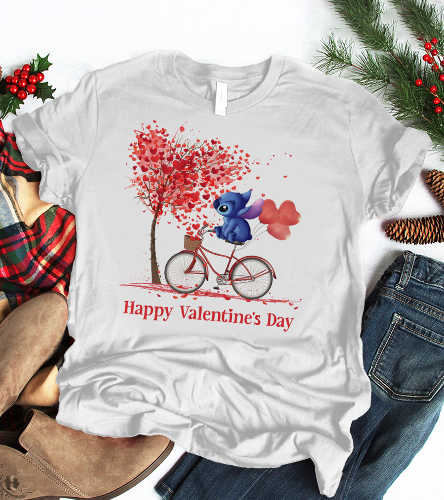 Happy Valentine's Day Stitch Bicycle Heart Balloons T-Shirt