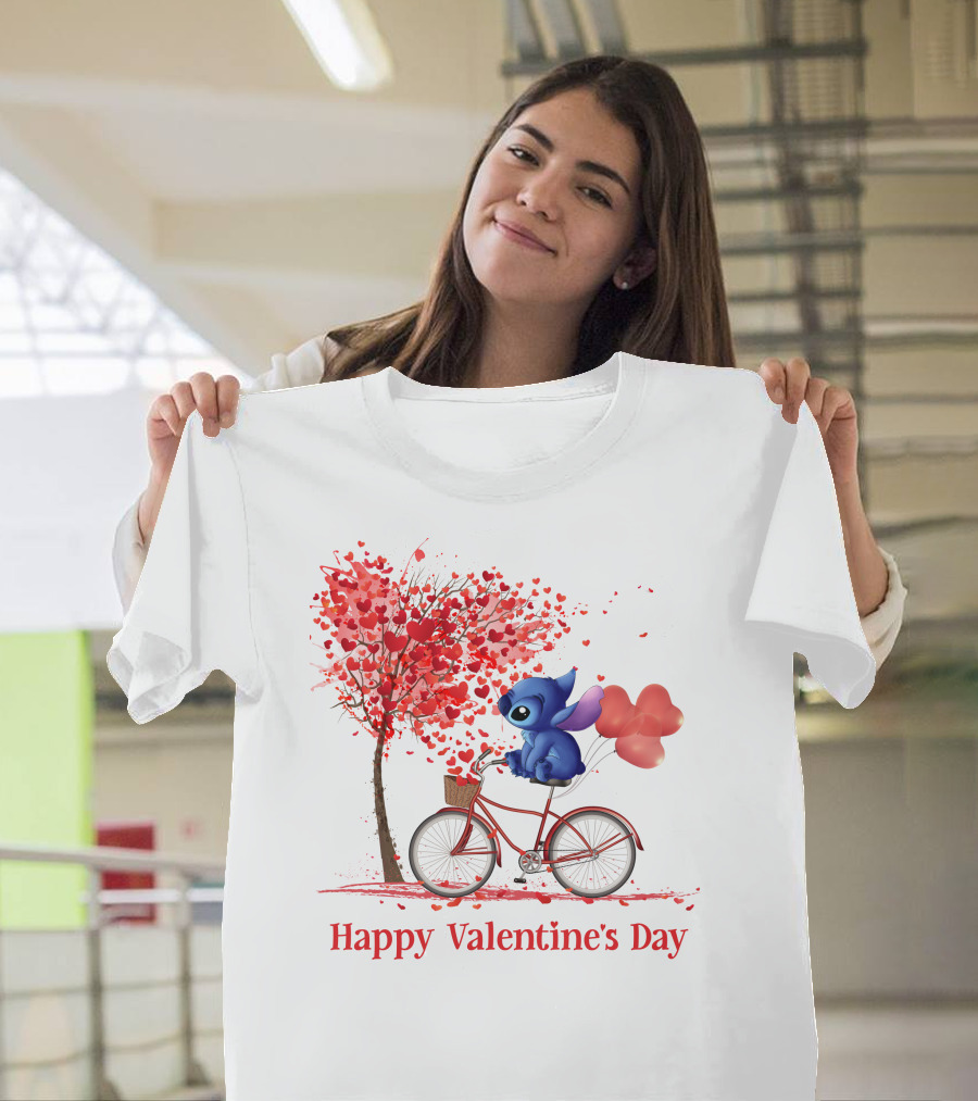 Happy Valentine's Day Stitch Bicycle Heart Balloons T-Shirt