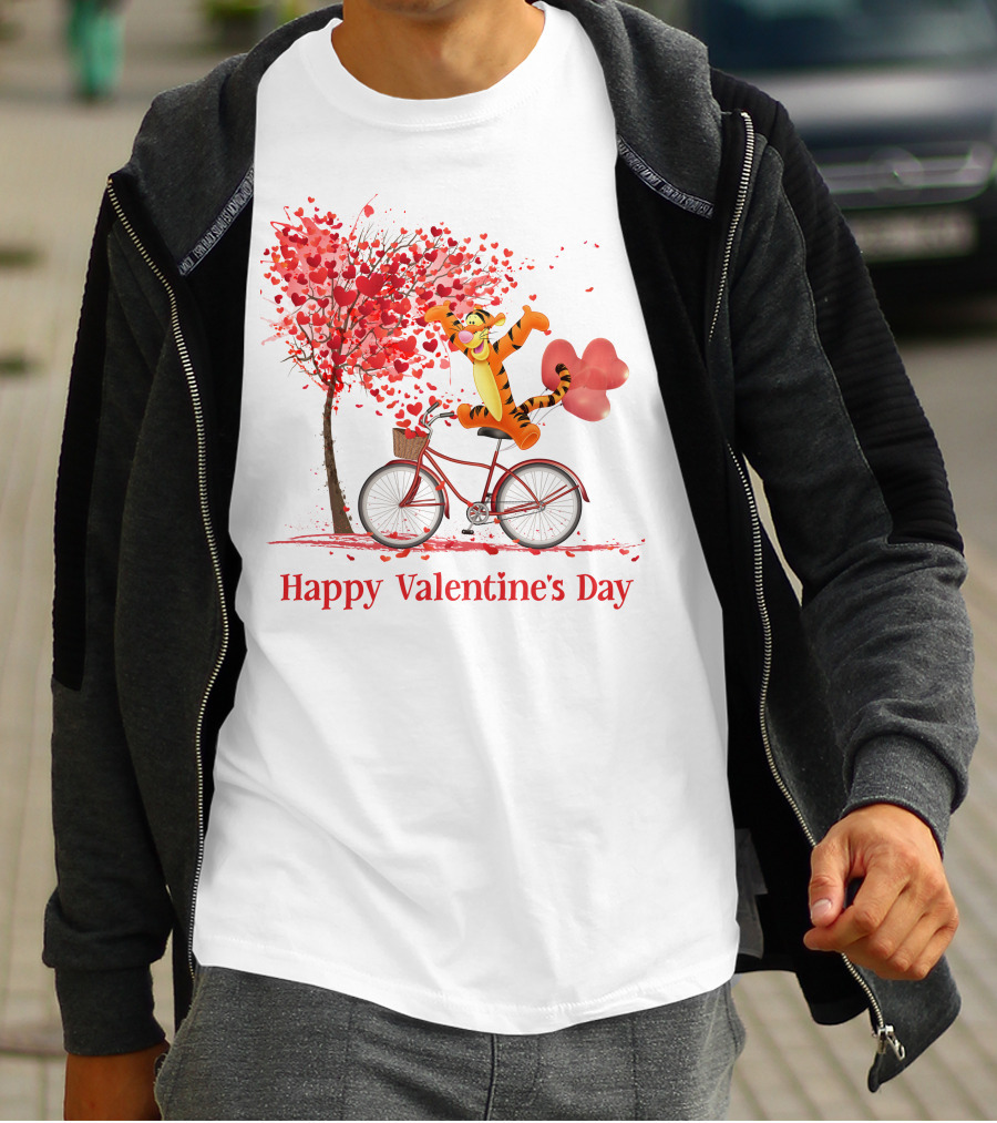 Happy Valentine's Day Tigger Riding Bicycle With Heart Balloon And Heart Tree T-Shirt