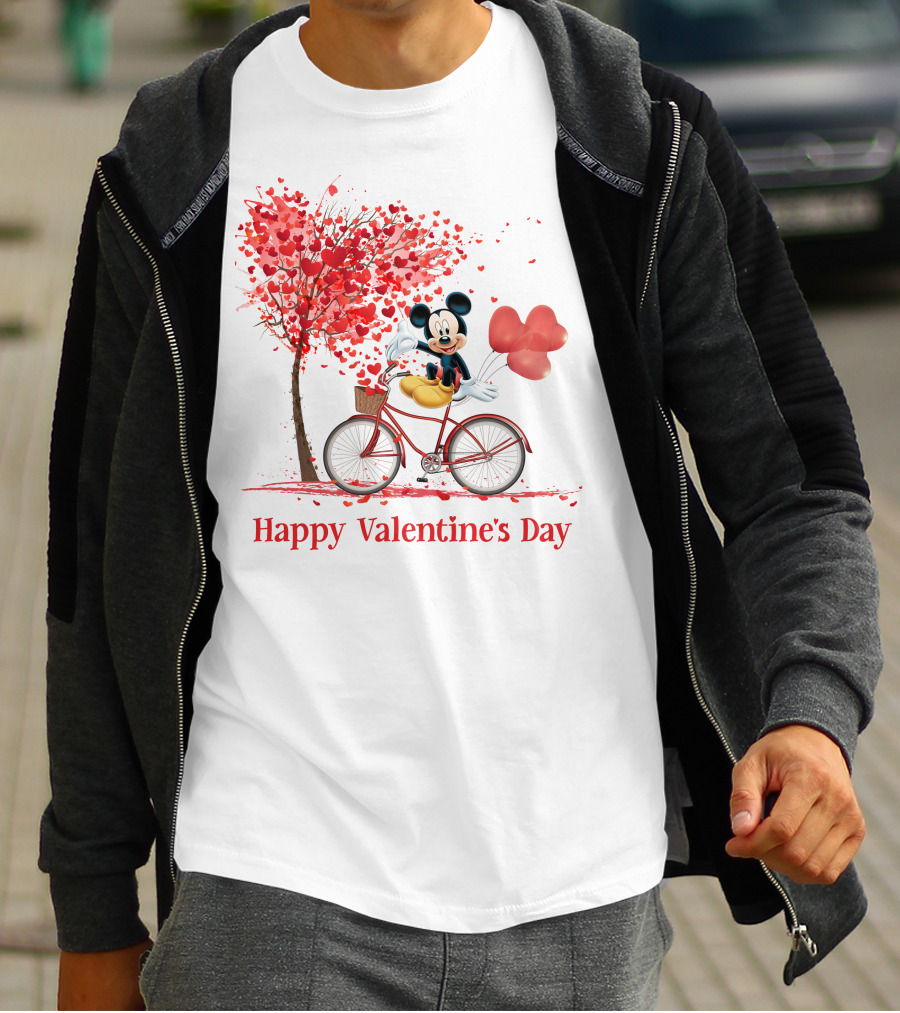 Happy Valentine's Day Mickey Mouse Hearts Bicycle Red Tree T-Shirt