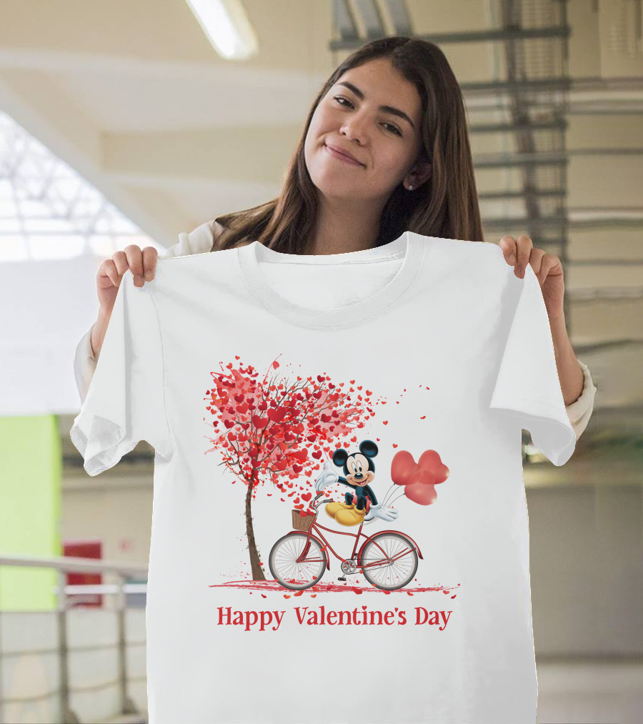 Happy Valentine's Day Mickey Mouse Hearts Bicycle Red Tree T-Shirt