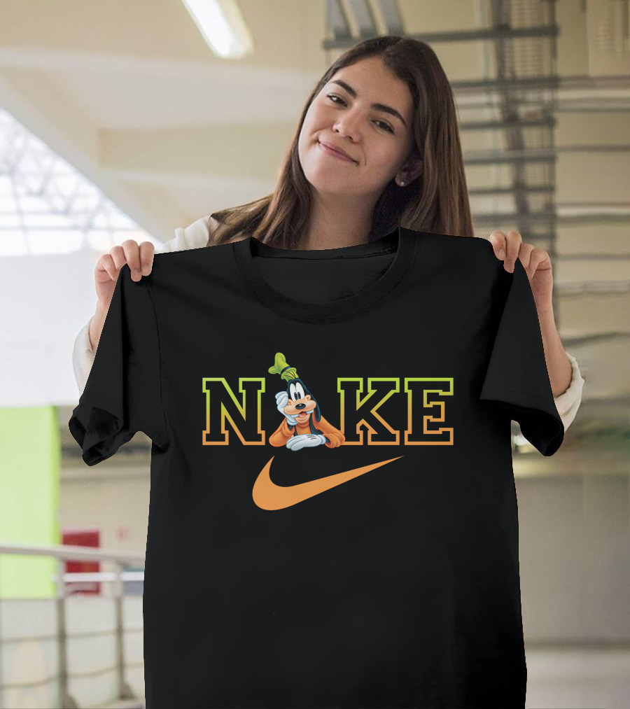 Goofy Nike With Orange Swoosh Logo And Green Hat T-Shirt