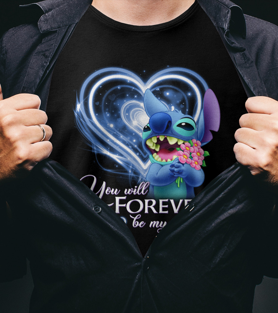 You Will Forever Be My Always Stitch Holding Flowers Heart T-Shirt