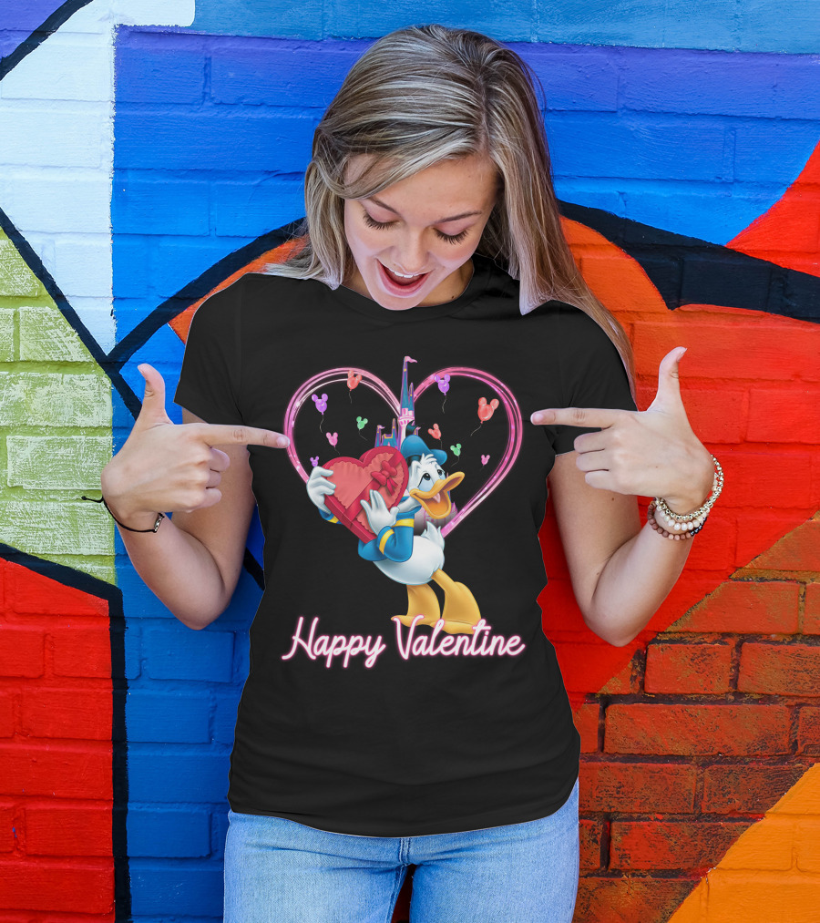 Donald Duck Happy Valentine Heart Balloons And Castle T-Shirt