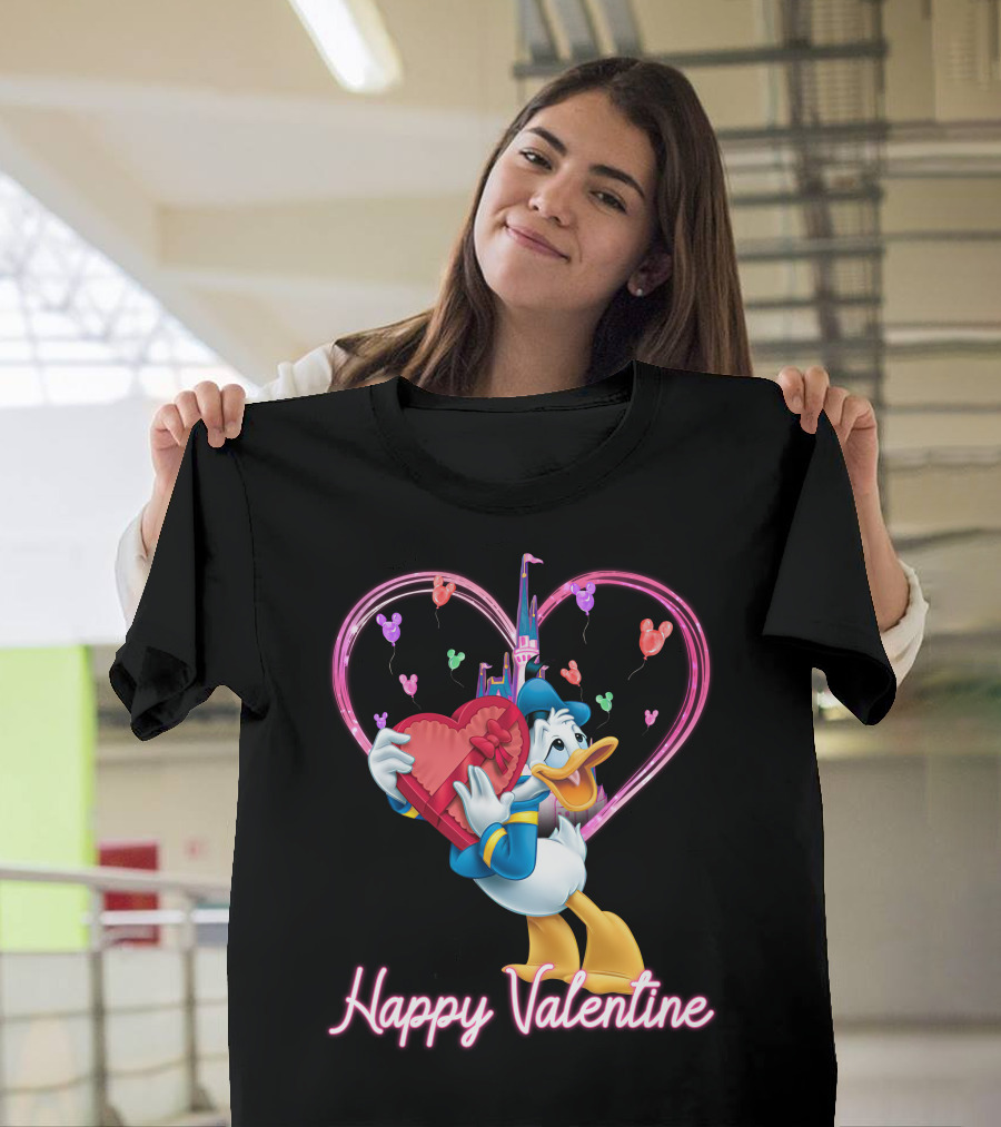 Donald Duck Happy Valentine Heart Balloons And Castle T-Shirt