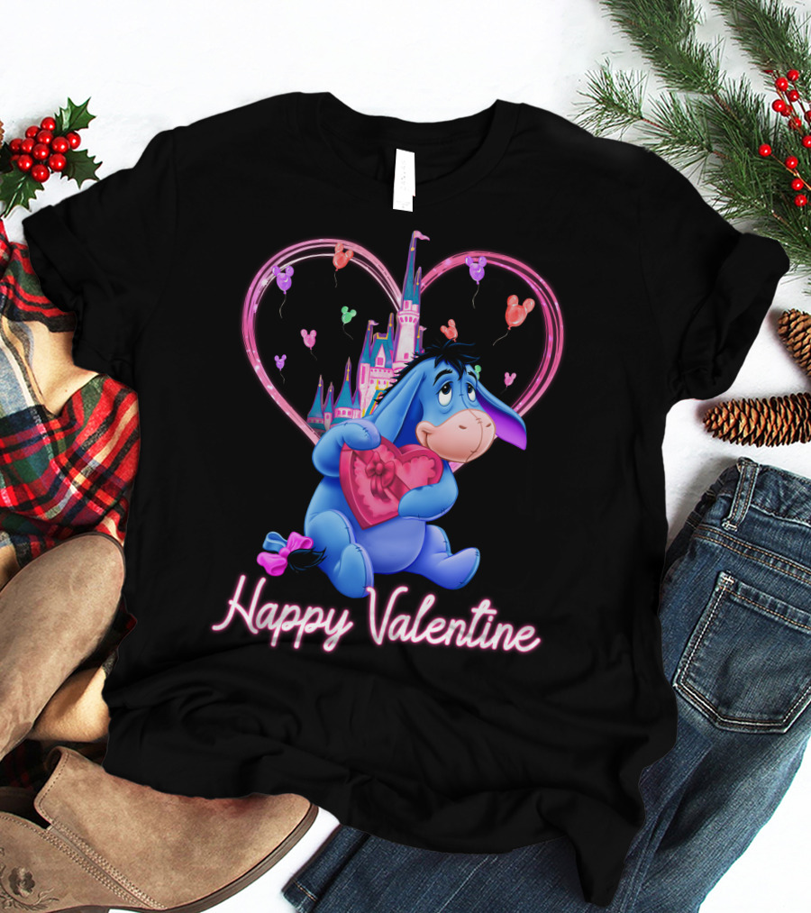 Eeyore Happy Valentine With Heart And Castle T-Shirt