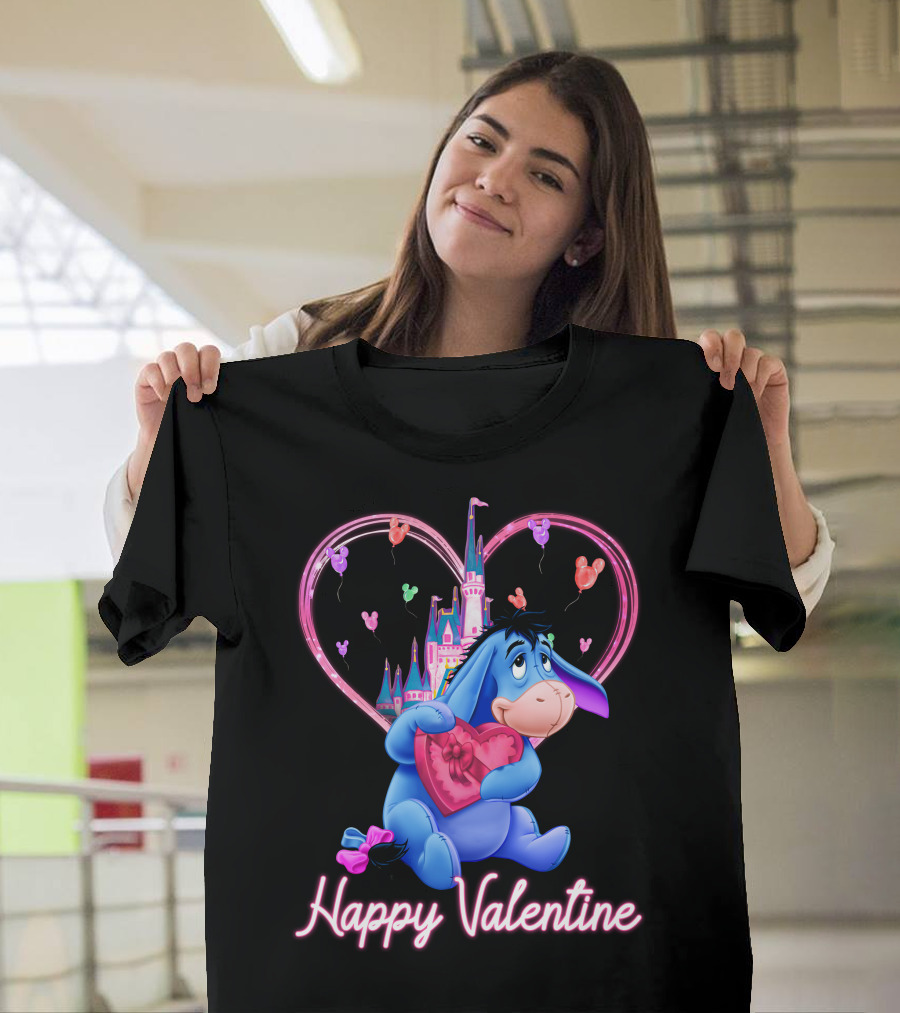 Eeyore Happy Valentine With Heart And Castle T-Shirt