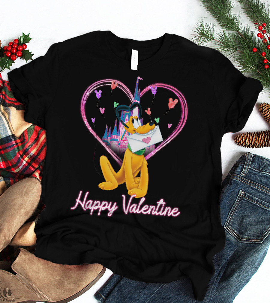 Happy Valentine Pluto Letter Heart Balloons Castle T-Shirt