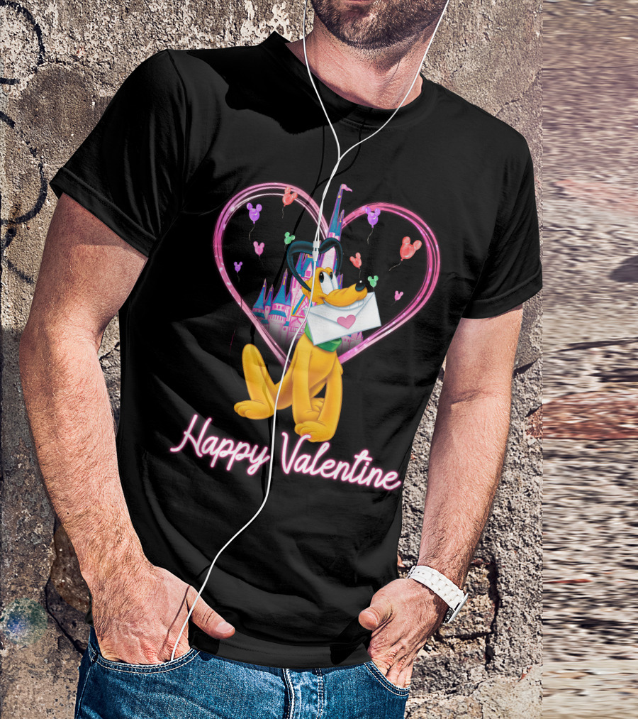 Happy Valentine Pluto Letter Heart Balloons Castle T-Shirt