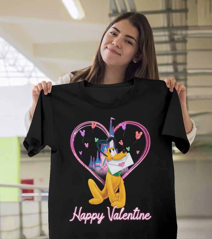 Happy Valentine Pluto Letter Heart Balloons Castle T-Shirt