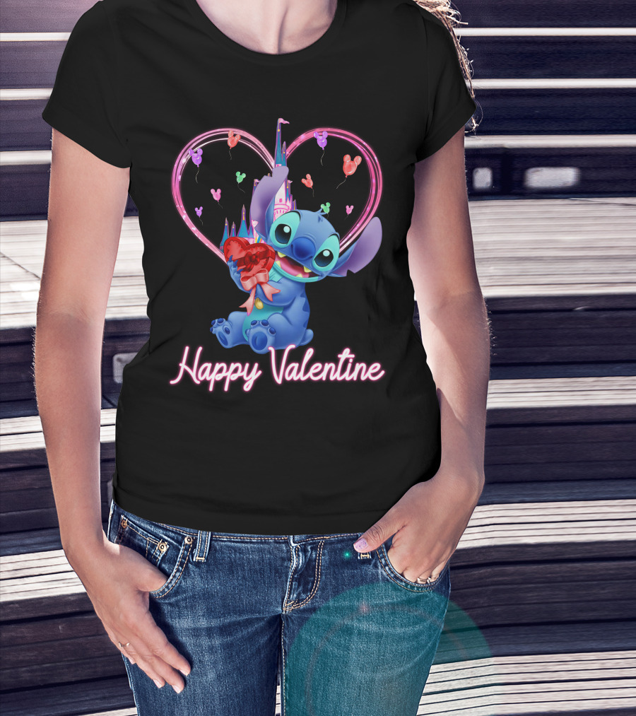 Happy Valentine Stitch Holding Heart With Castle And Balloons T-Shirt