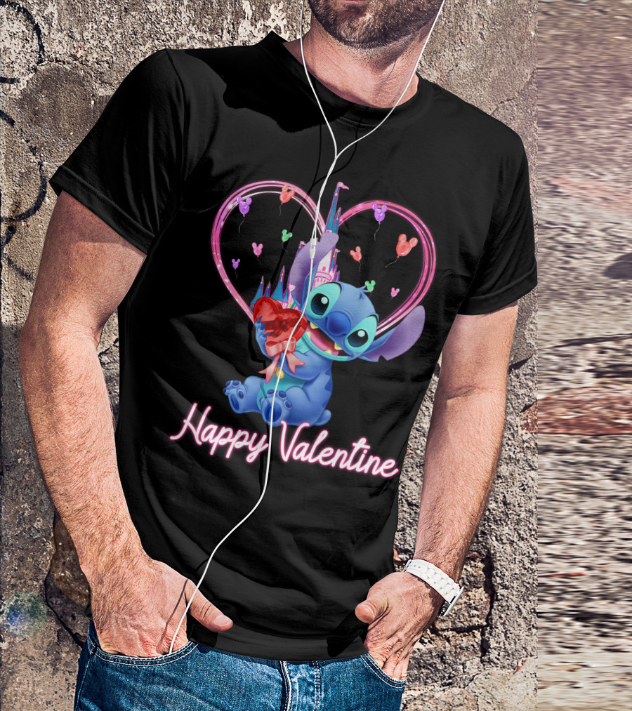 Happy Valentine Stitch Holding Heart With Castle And Balloons T-Shirt