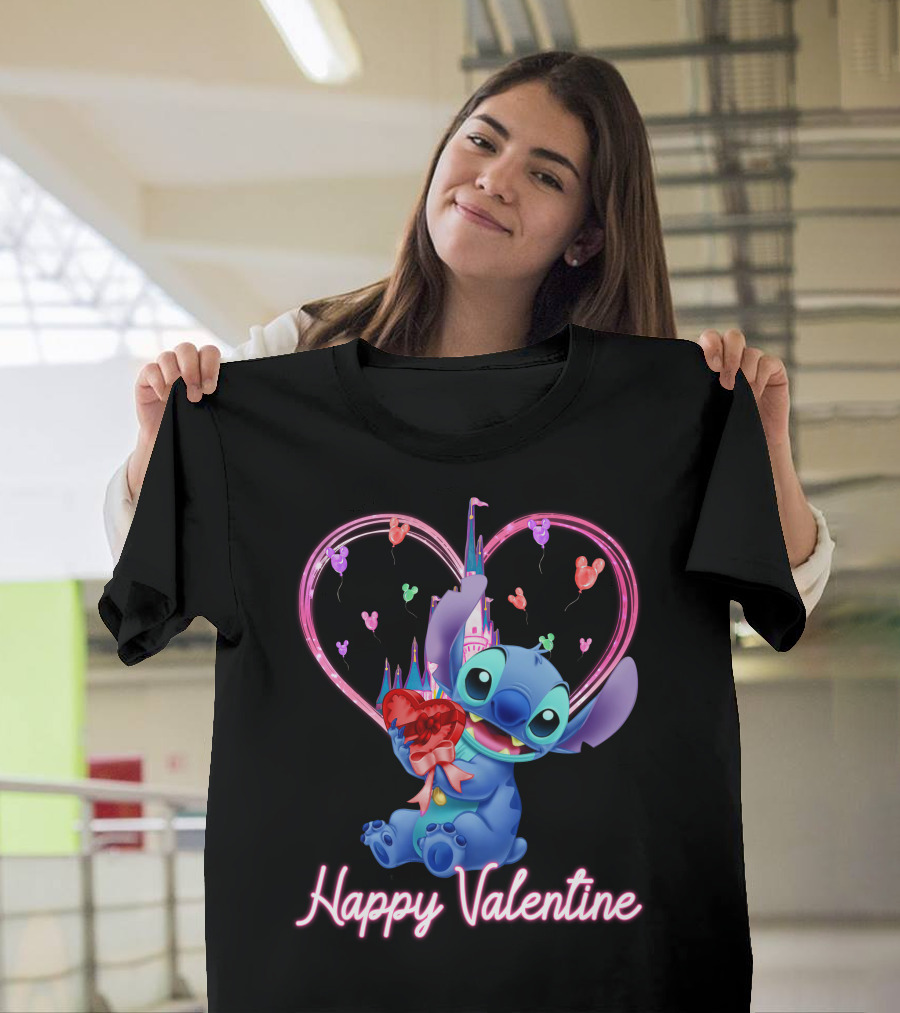 Happy Valentine Stitch Holding Heart With Castle And Balloons T-Shirt