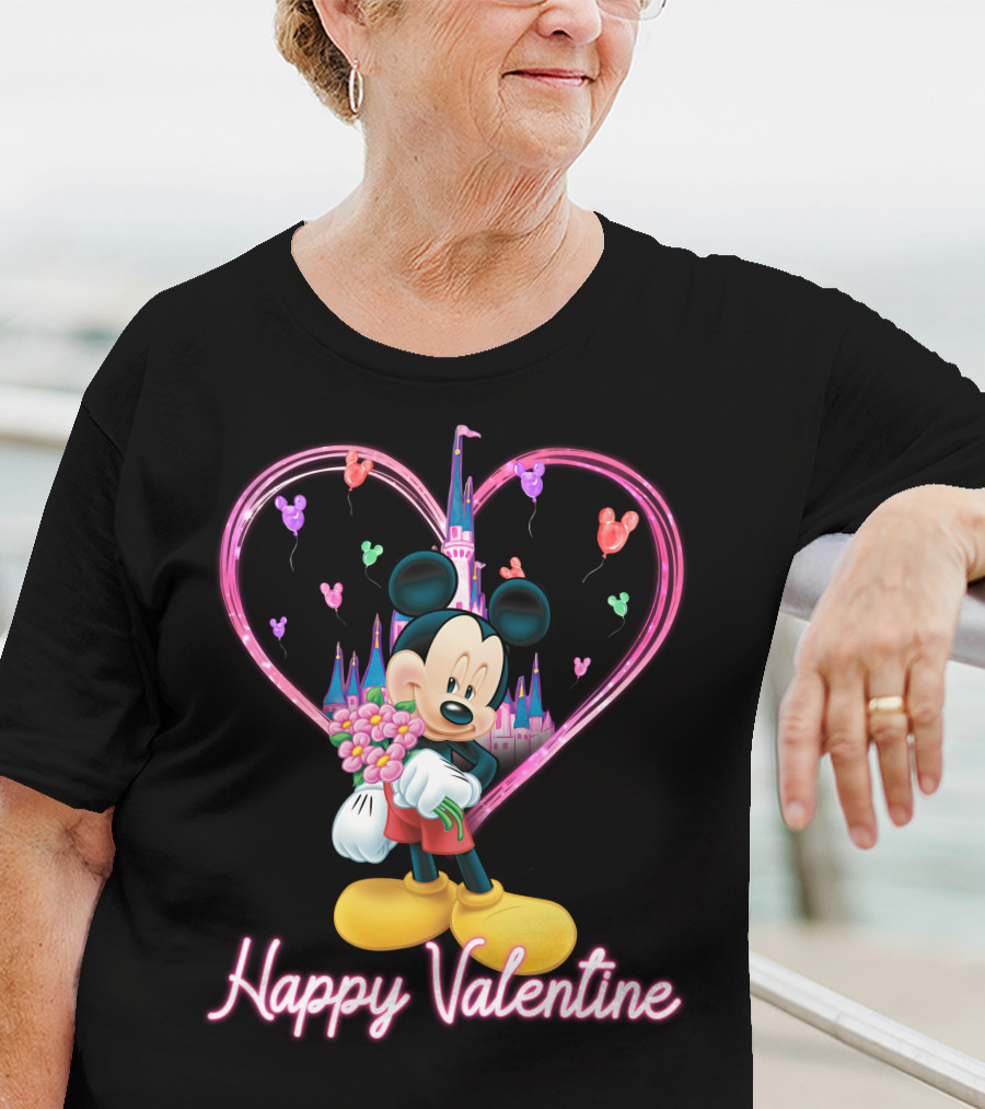 Happy Valentine Mickey Mouse Bouquet And Castle Balloons T-Shirt