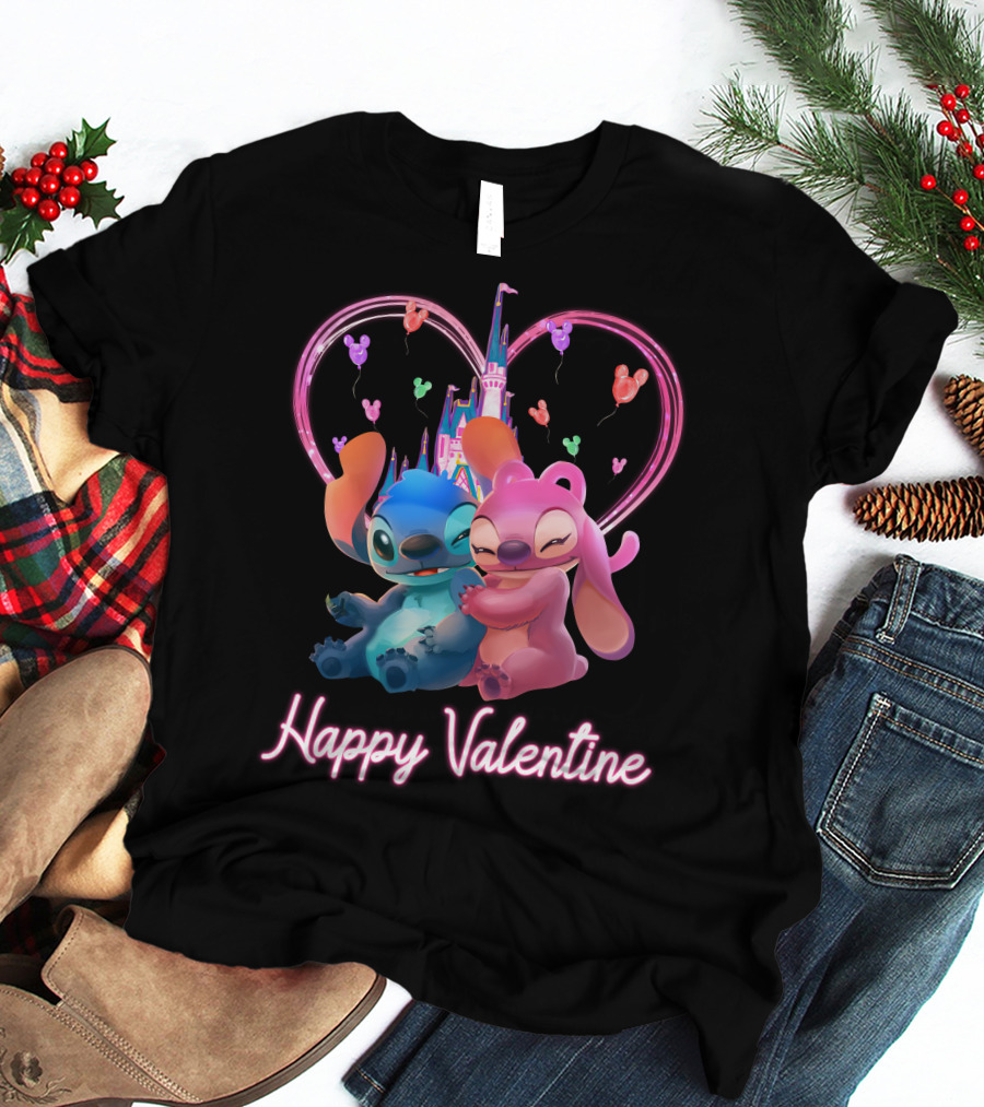 Happy Valentine Stitch Angel Castle Heart Balloons T-Shirt