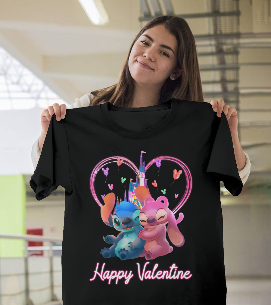 Happy Valentine Stitch Angel Castle Heart Balloons T-Shirt