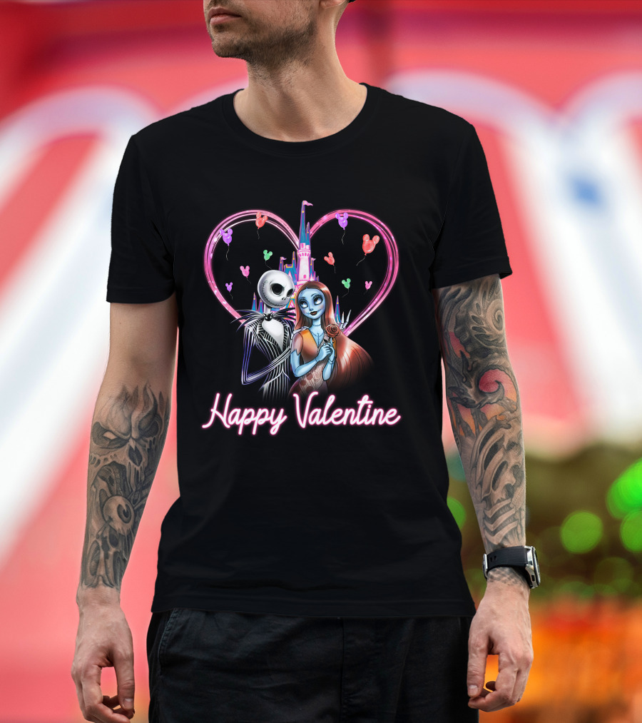 Happy Valentine Jack And Sally Disney Castle Heart Balloons T-Shirt