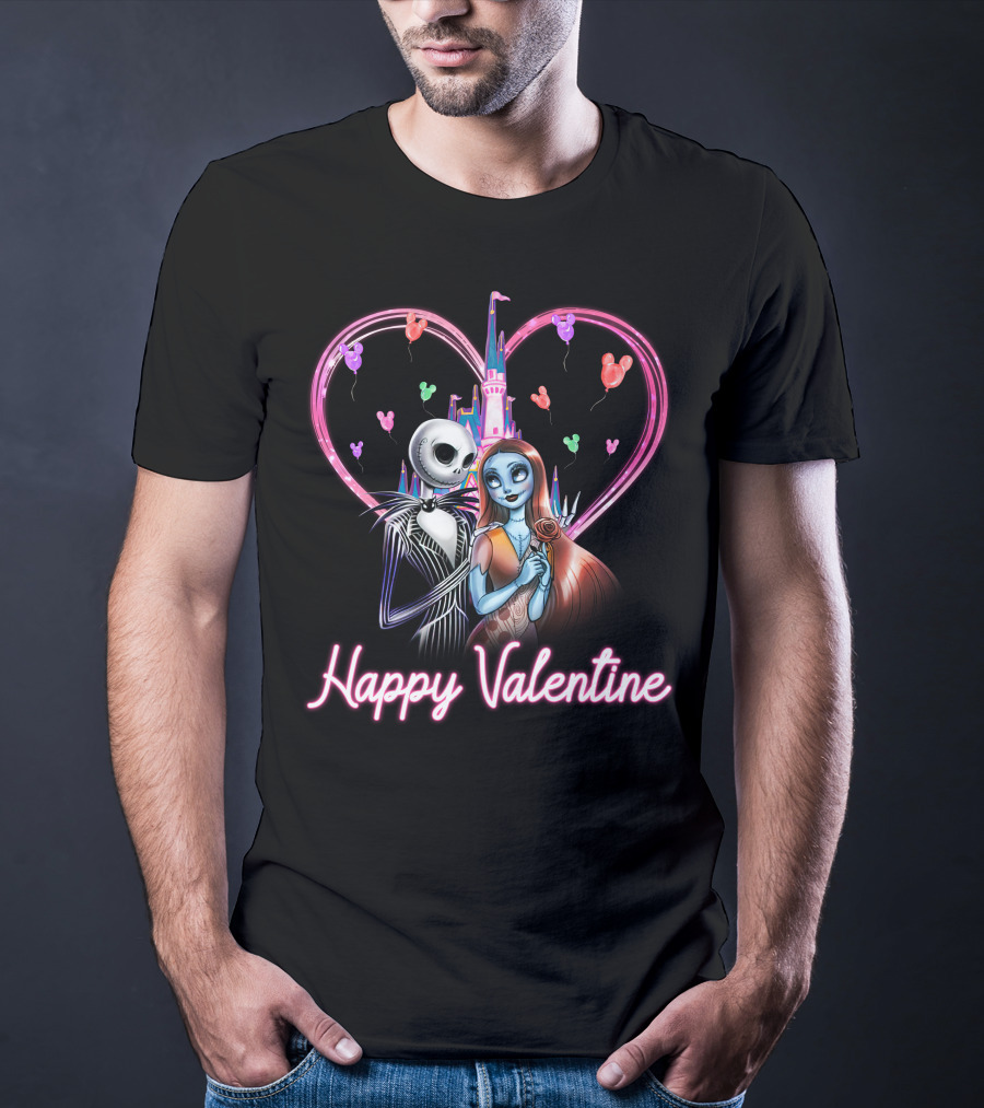 Happy Valentine Jack And Sally Disney Castle Heart Balloons T-Shirt