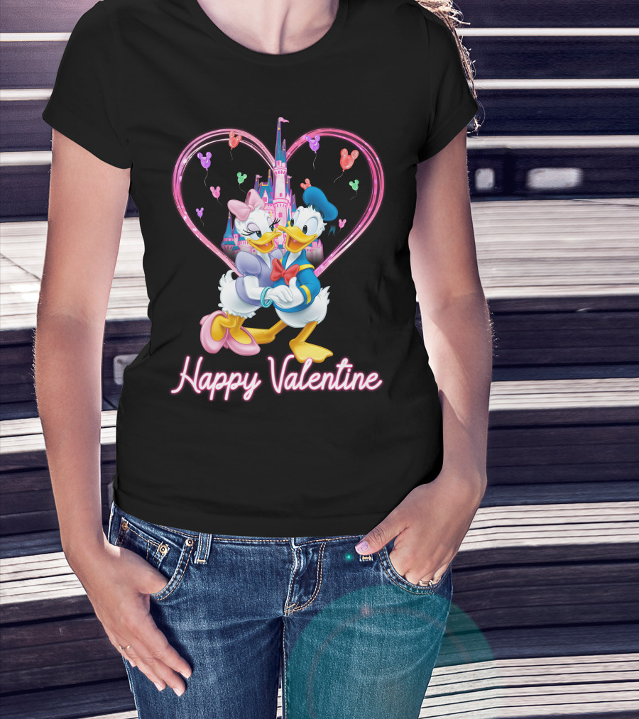 Happy Valentine Donald And Daisy In Front Of Heart Castle T-Shirt