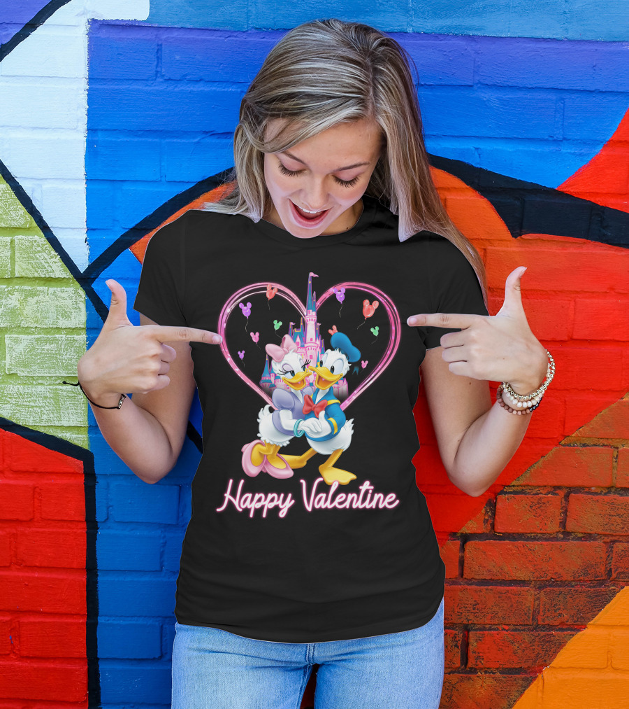 Happy Valentine Donald And Daisy In Front Of Heart Castle T-Shirt