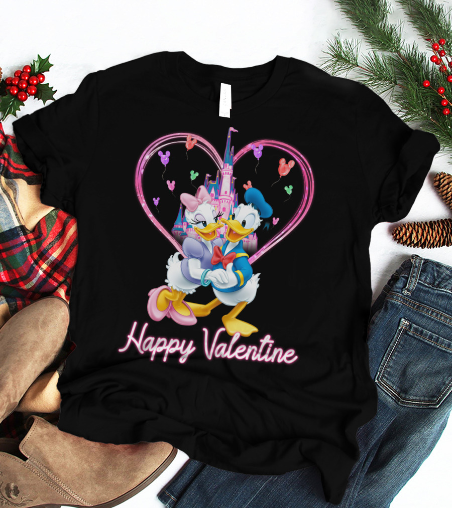 Happy Valentine Donald And Daisy In Front Of Heart Castle T-Shirt