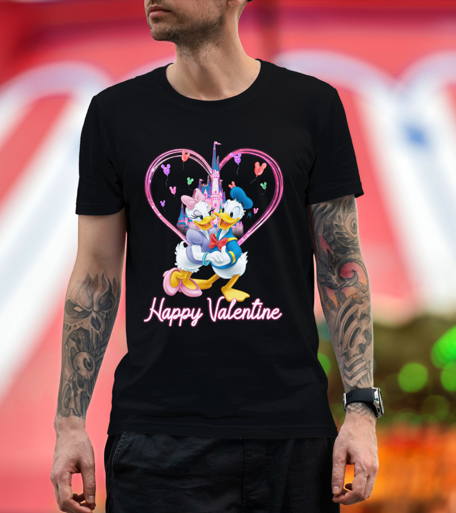 Happy Valentine Donald And Daisy In Front Of Heart Castle T-Shirt